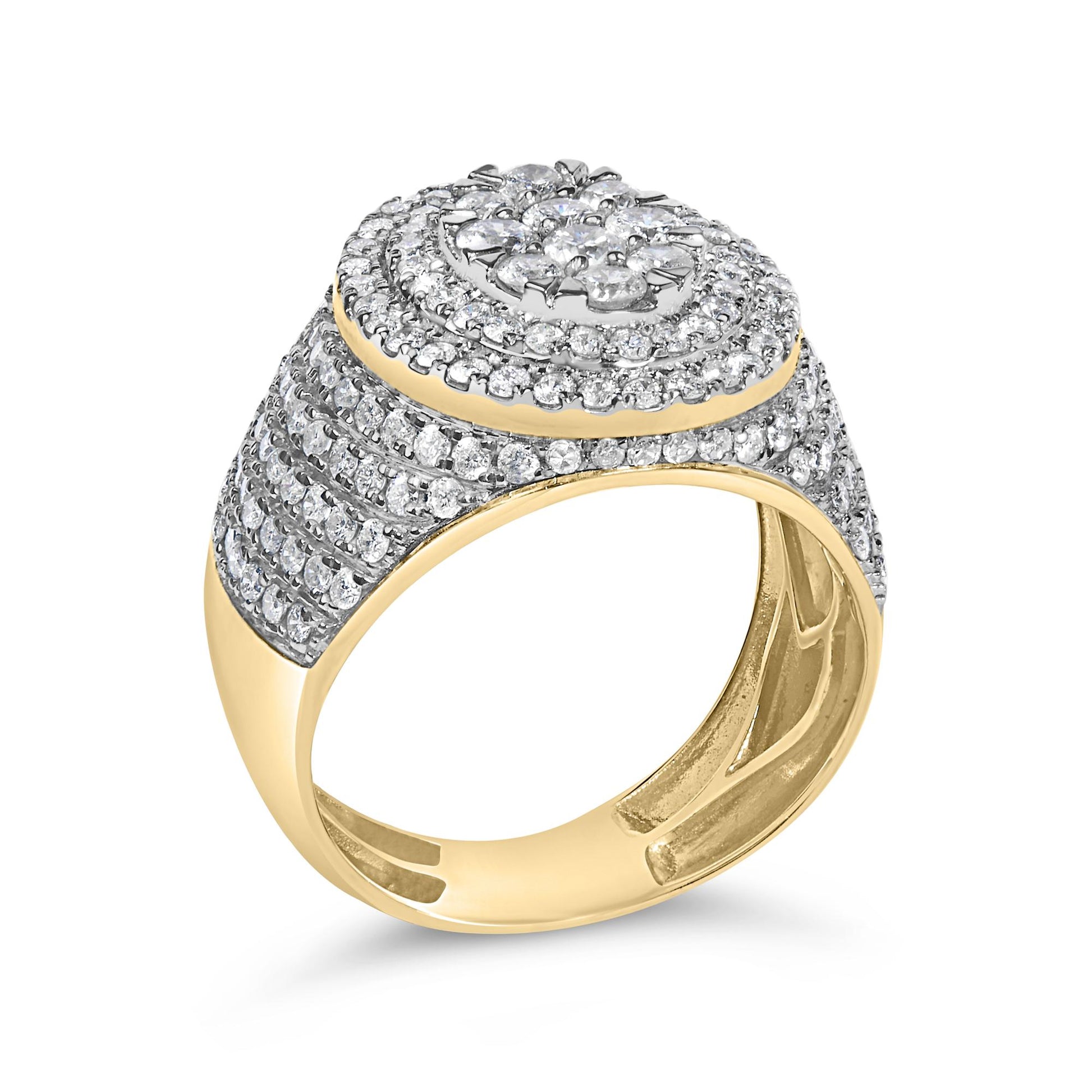 Close-up image of a yellow metal ring with multiple rows of white round gemstones in prong settings, shown at an angled top view.