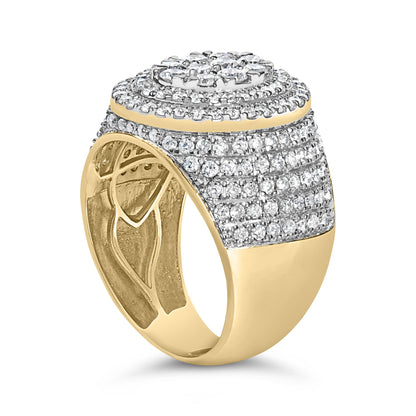 Close-up front angle of a yellow ring featuring multiple rows of round white gemstones in prong settings covering the top and sides of the band.