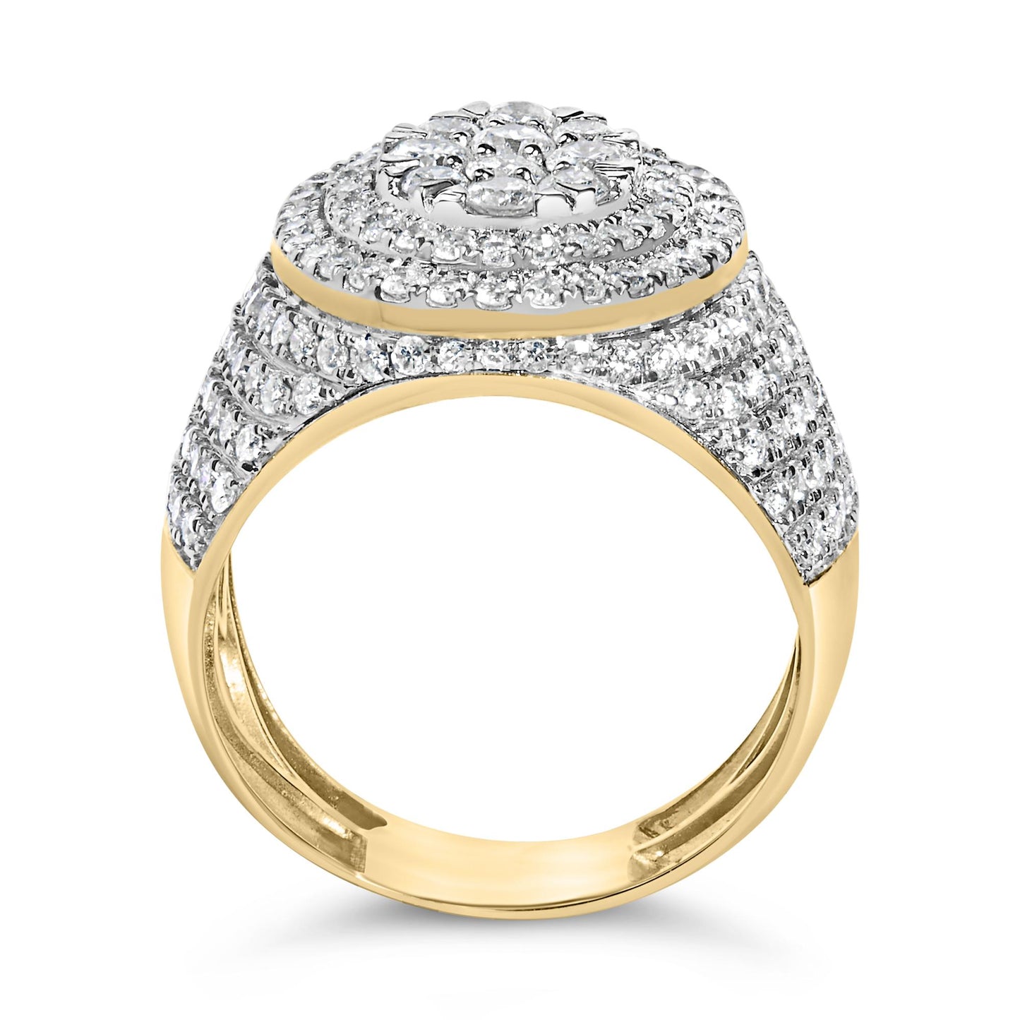 Close-up front view of a yellow metal ring featuring multiple rows of tightly set small white gemstones in a prong setting, with a cluster of larger round white gemstones on top.