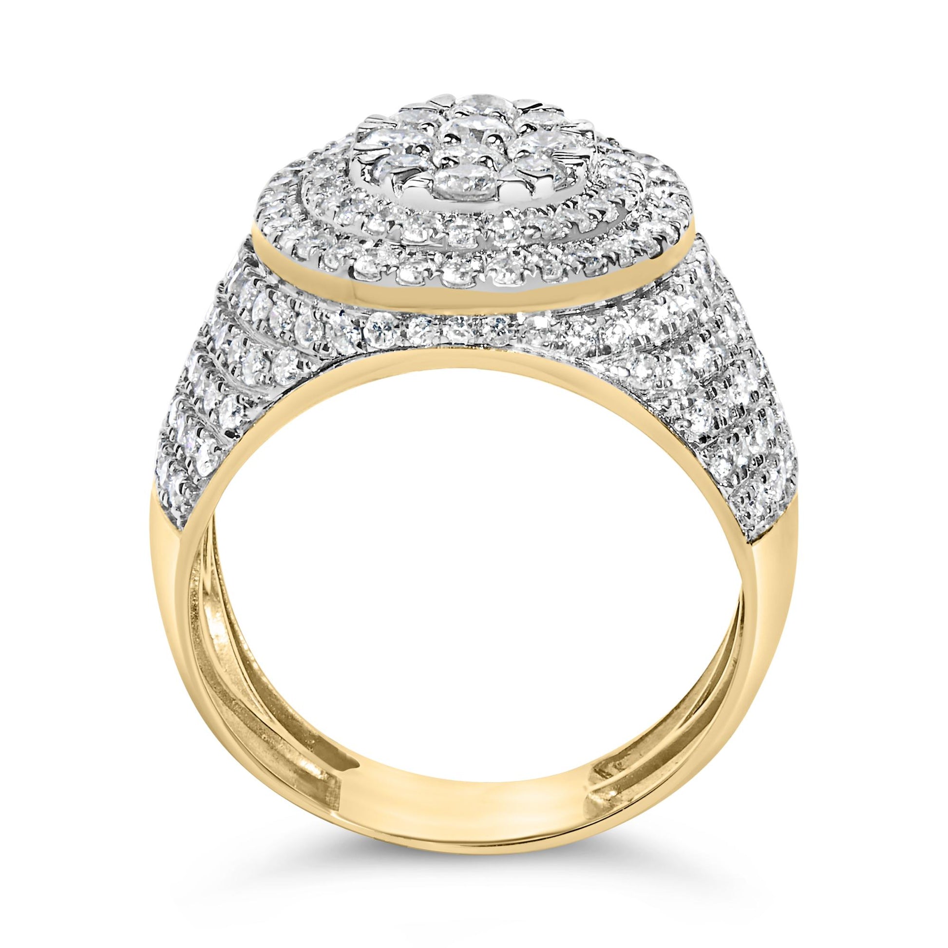 Close-up front view of a yellow metal ring featuring multiple rows of tightly set small white gemstones in a prong setting, with a cluster of larger round white gemstones on top.