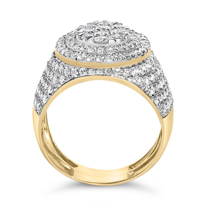 Close-up front view of a yellow metal ring featuring multiple rows of tightly set small white gemstones in a prong setting, with a cluster of larger round white gemstones on top.