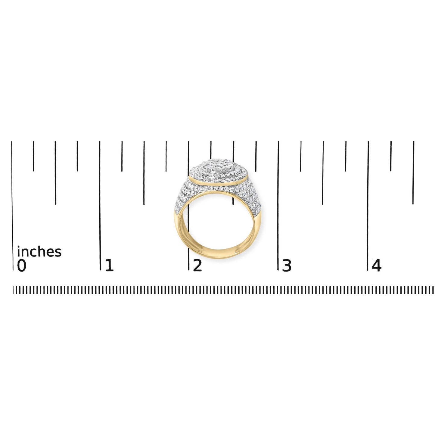 Yellow metal ring with a dome-shaped top covered in multiple rows of round white gemstones in prong settings, shown on a ruler scale from a frontal angle.