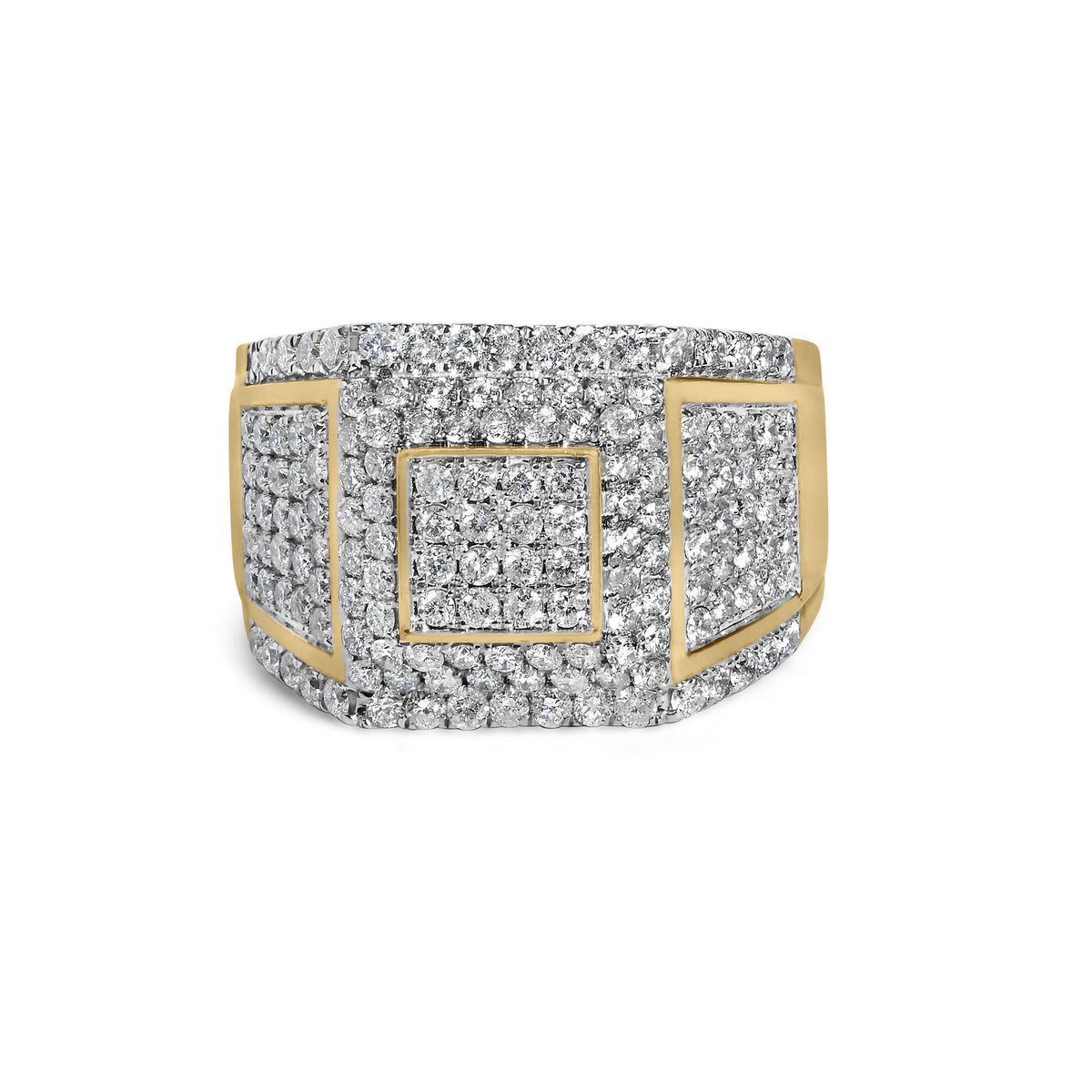 Close-up front view of a yellow metal ring with multiple white round gemstones in 4-prong settings arranged in a geometric pattern.
