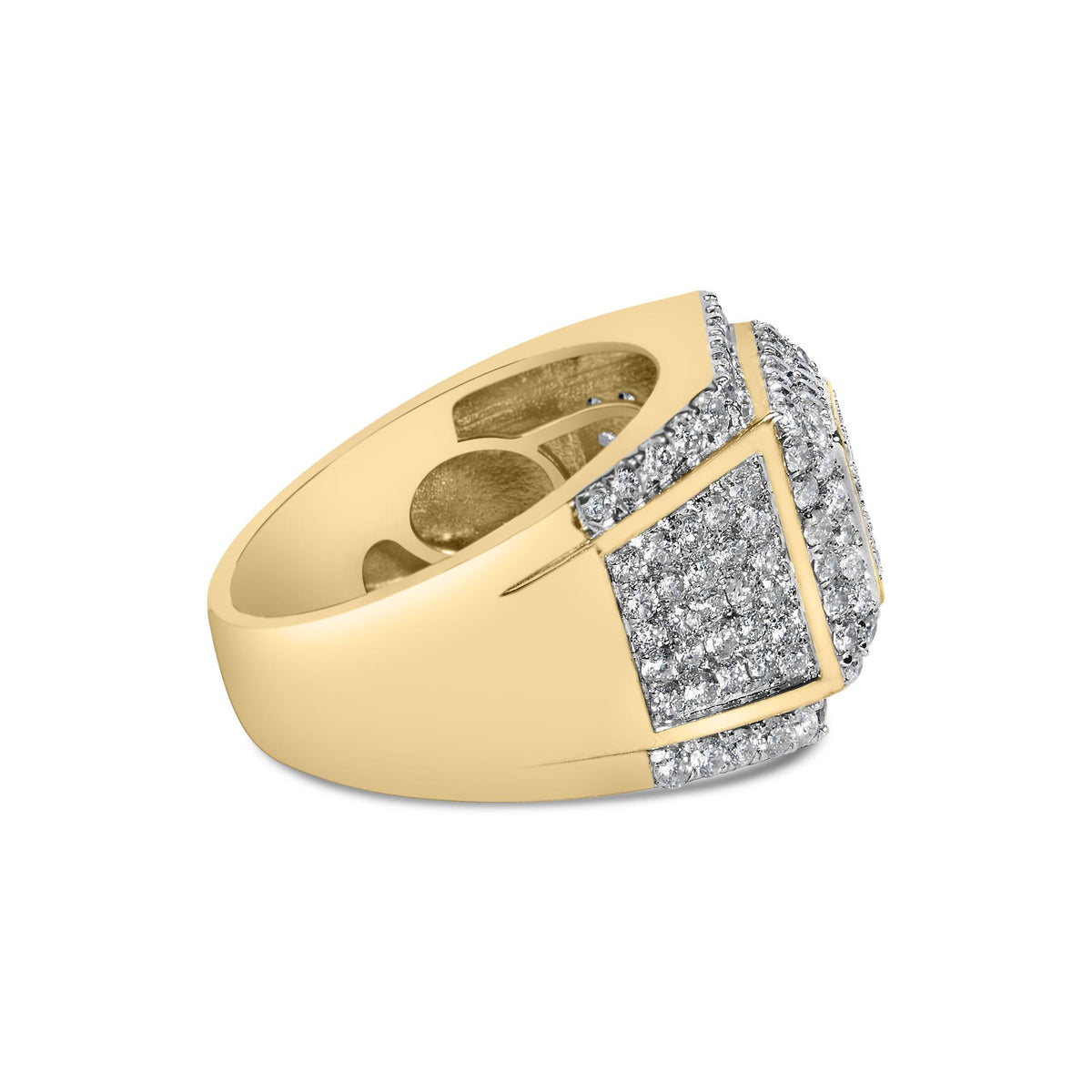 Close-up angled view of a yellow metal ring featuring a geometric design adorned with multiple small white gemstones set in 4-prong settings.