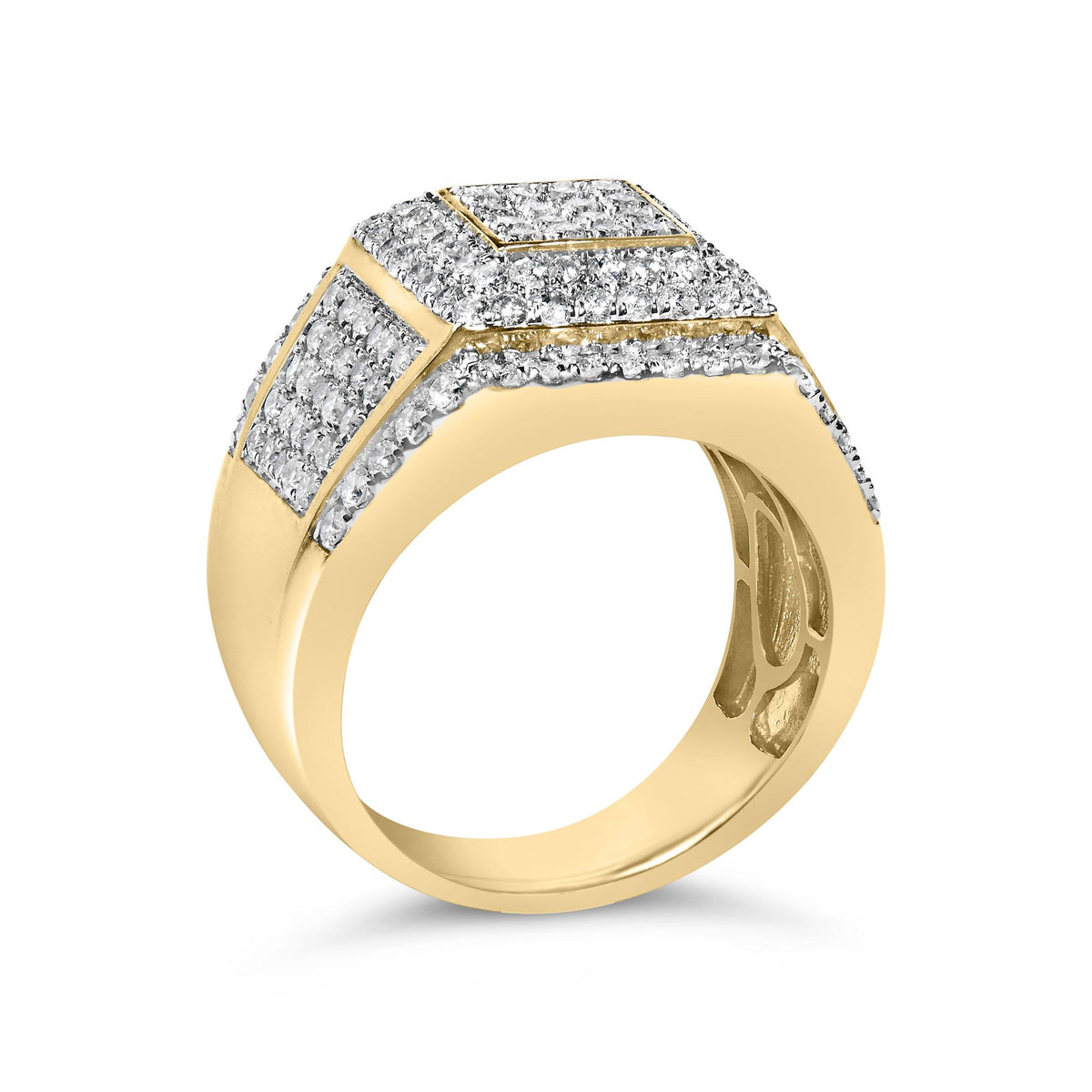 Close-up front angle of a yellow ring featuring multiple white round gemstones set in 4-prong settings arranged in a geometric pattern on the top and sides.
