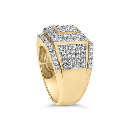 Close-up angled view of a yellow metal ring featuring multiple white round gemstones in a 4-prong setting arranged in a geometric pattern on the top and sides.