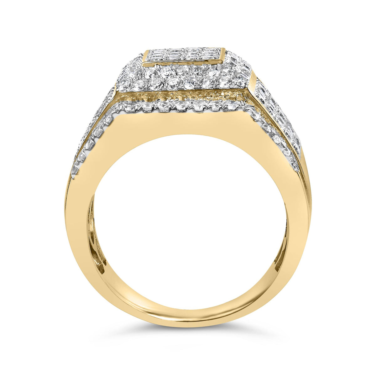 Close-up front angle of a yellow metal ring with multiple rows of round white gemstones in 4-prong settings covering the top and sides.