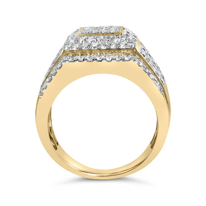 Close-up front angle of a yellow metal ring with multiple rows of round white gemstones in 4-prong settings covering the top and sides.