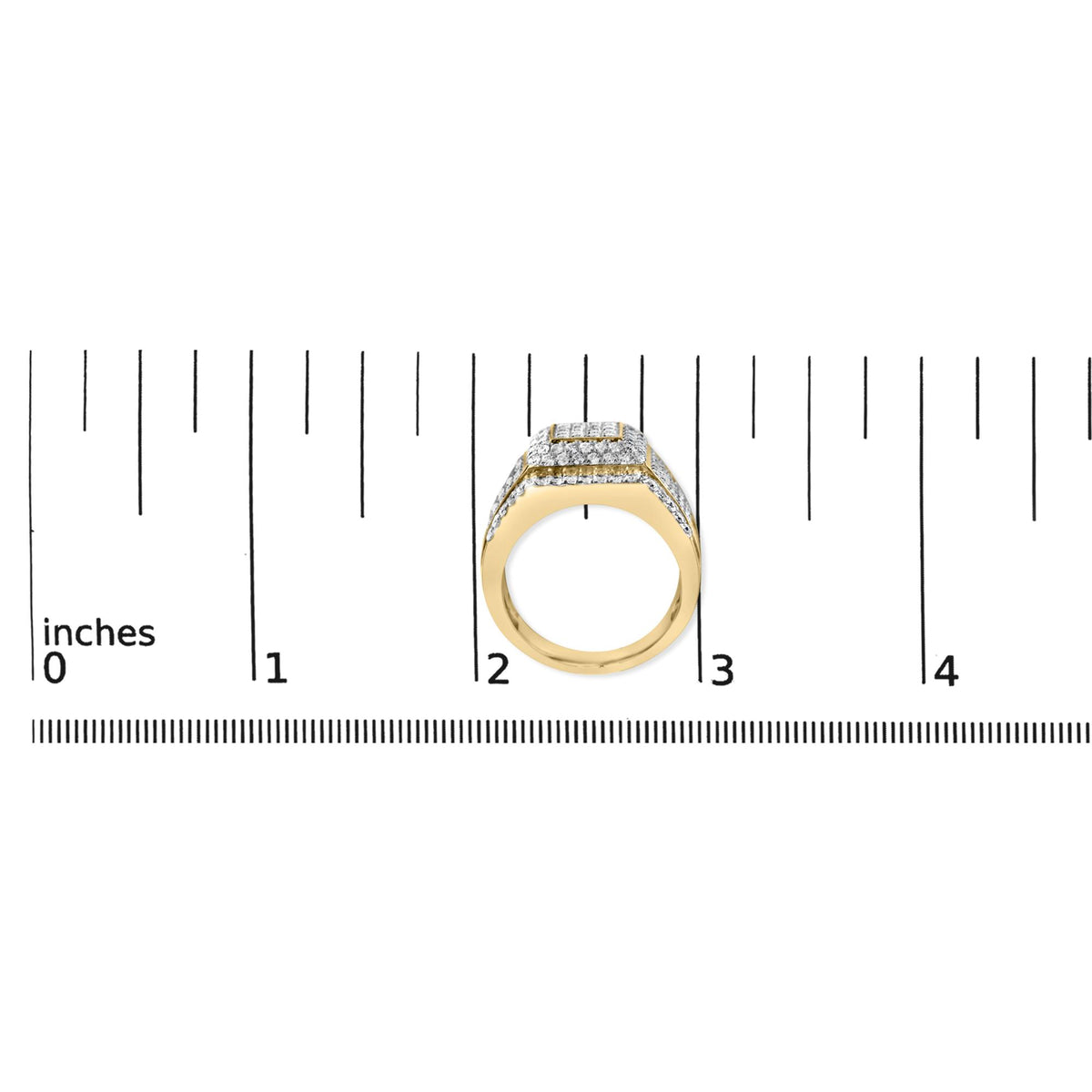 Yellow metal ring with multiple rows of small round white gemstones in 4-prong settings on the top and sides, shown on a scale, front angled view.