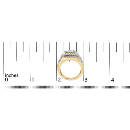 Yellow metal ring with multiple rows of small round white gemstones in 4-prong settings on the top and sides, shown on a scale, front angled view.