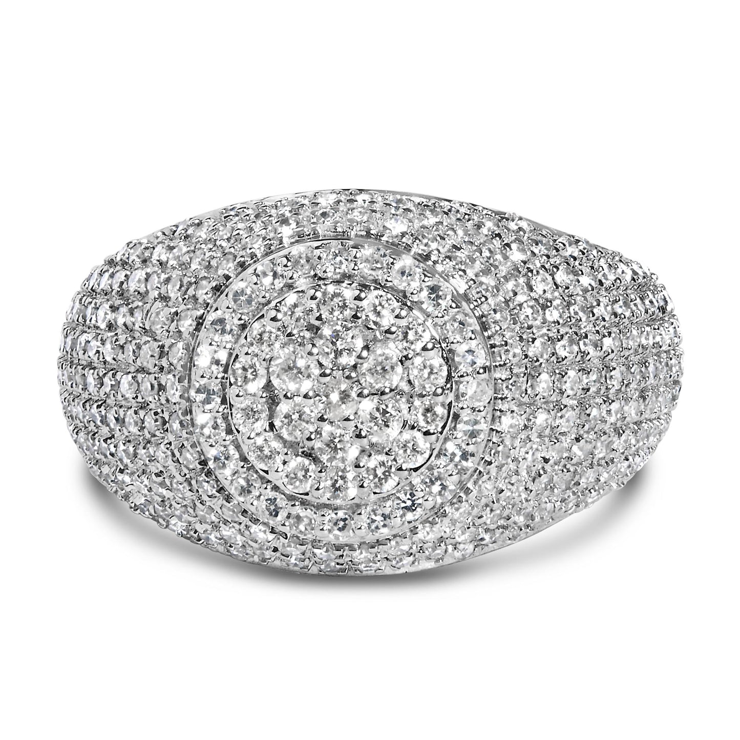 Close-up front angle of a yellow ring encrusted with multiple round white gemstones in prong settings arranged in concentric oval patterns.