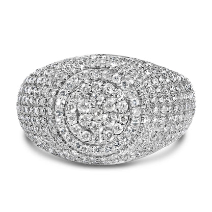 Close-up front angle of a yellow ring encrusted with multiple round white gemstones in prong settings arranged in concentric oval patterns.