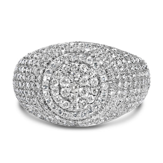 Close-up front angle of a yellow ring encrusted with multiple round white gemstones in prong settings arranged in concentric oval patterns.