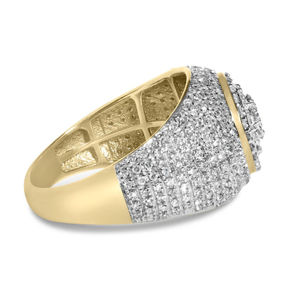 Close-up side angle of a yellow metal ring with multiple rows of small white gemstones set in prong settings on the top surface.