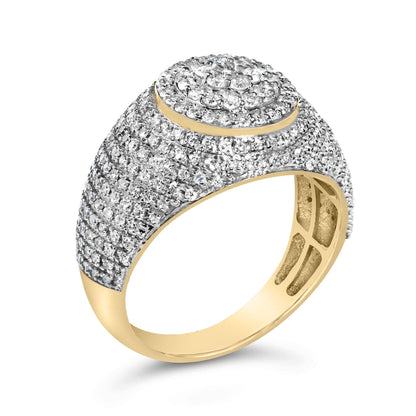 Close-up front angle of a yellow metal ring featuring numerous round white gemstones in prong settings covering the top and sides.