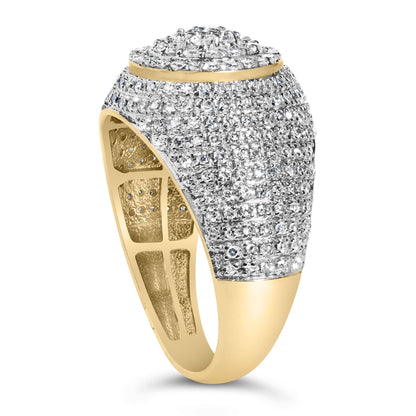 Close-up front angled view of a yellow metal ring encrusted with numerous small white round gemstones in prong setting covering the top and upper band.