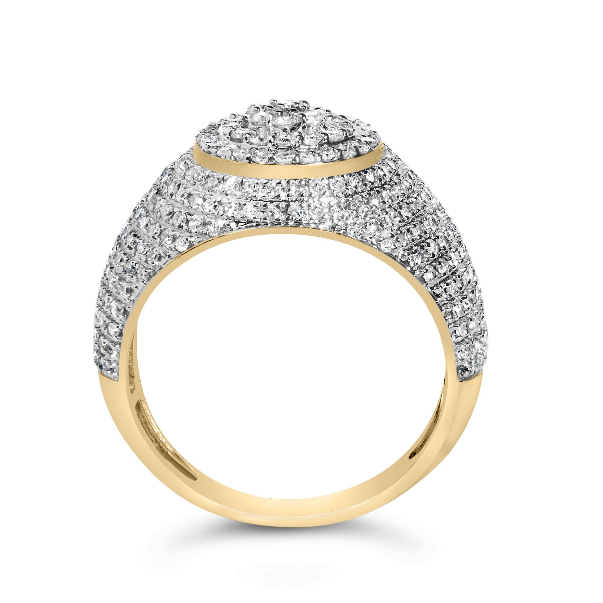 Close-up front angle of a yellow metal ring encrusted with numerous small white round gemstones in prong settings on the top and upper sides.