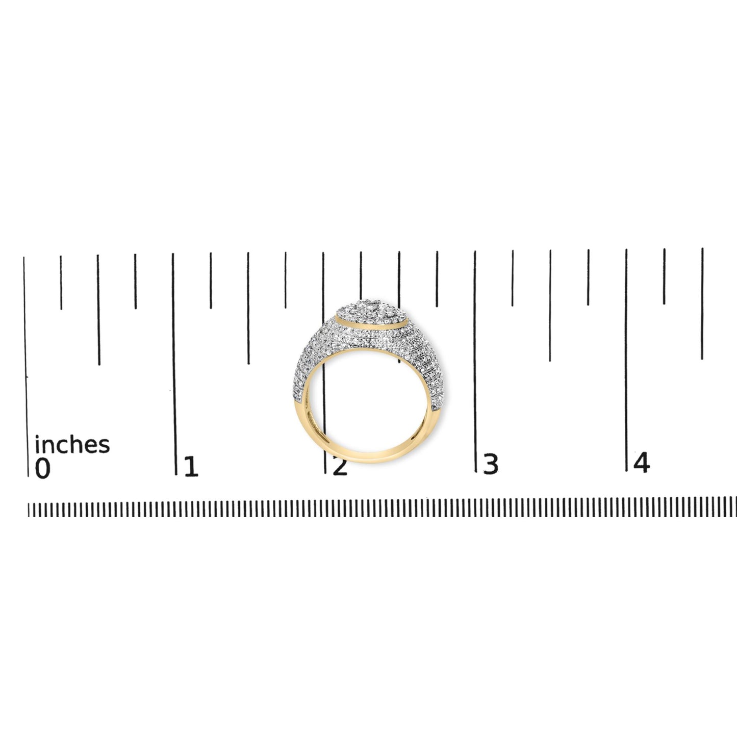 Close-up front view of a yellow ring shown on a measurement scale, featuring numerous small white round gemstones in prong settings covering the top and sides.
