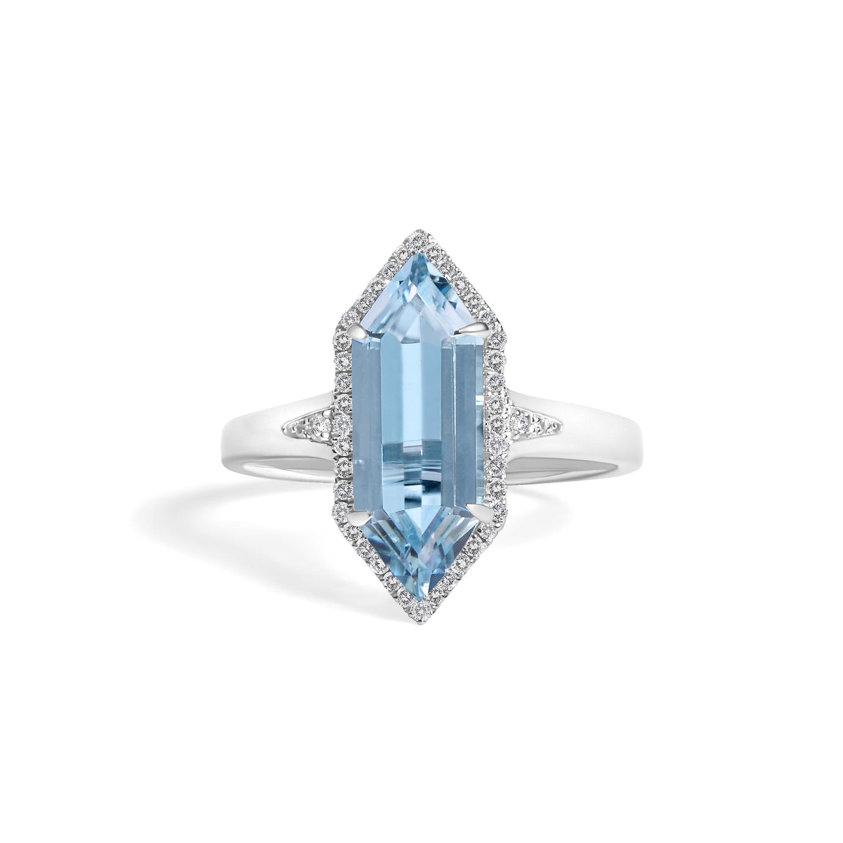 10K White Gold Blue Topaz Hexagon and 1/5 Cttw Diamond Halo Ring