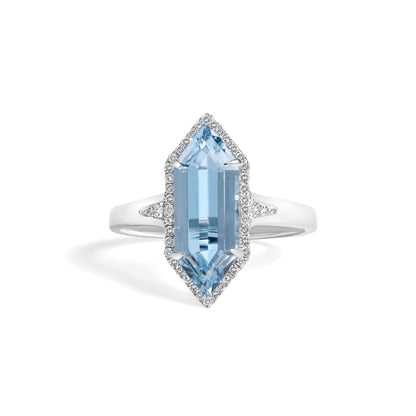 10K White Gold Blue Topaz Hexagon and 1/5 Cttw Diamond Halo Ring