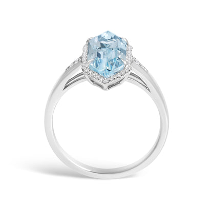 10K White Gold Blue Topaz Hexagon and 1/5 Cttw Diamond Halo Ring