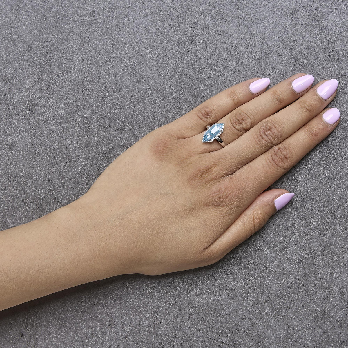 10K White Gold Blue Topaz Hexagon and 1/5 Cttw Diamond Halo Ring