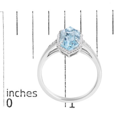 10K White Gold Blue Topaz Hexagon and 1/5 Cttw Diamond Halo Ring