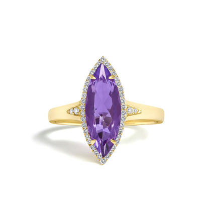 Close-up front view of a yellow metal ring featuring a marquise-shaped purple gemstone surrounded by a halo of small white round gemstones in a micro-pave setting.