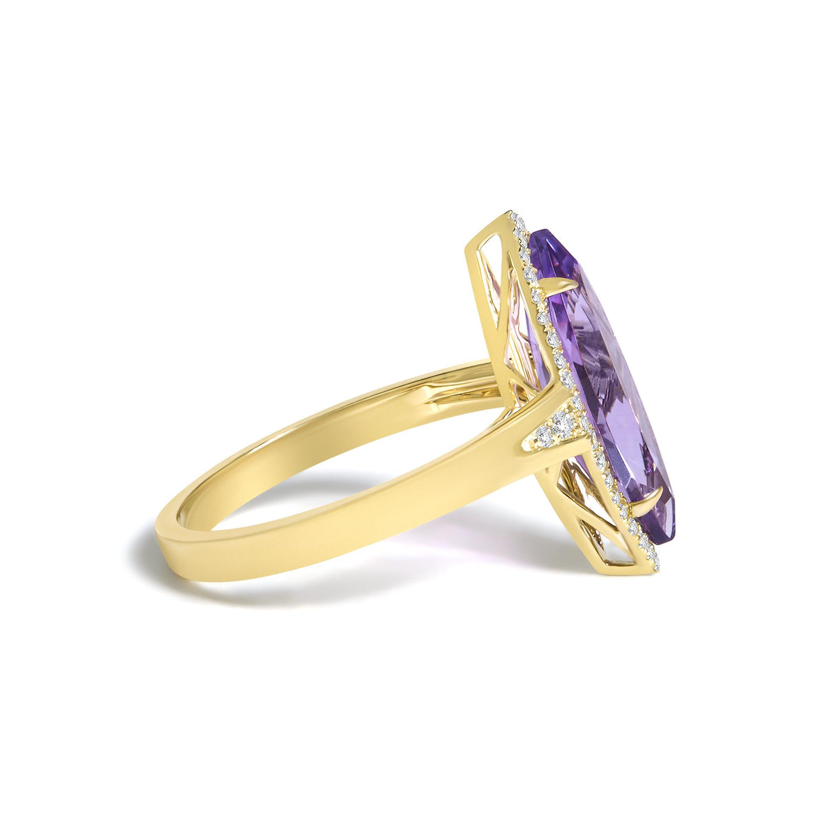 10K Yellow Gold Marquise Amethyst and 1/6 Cttw Diamond Halo Ring
