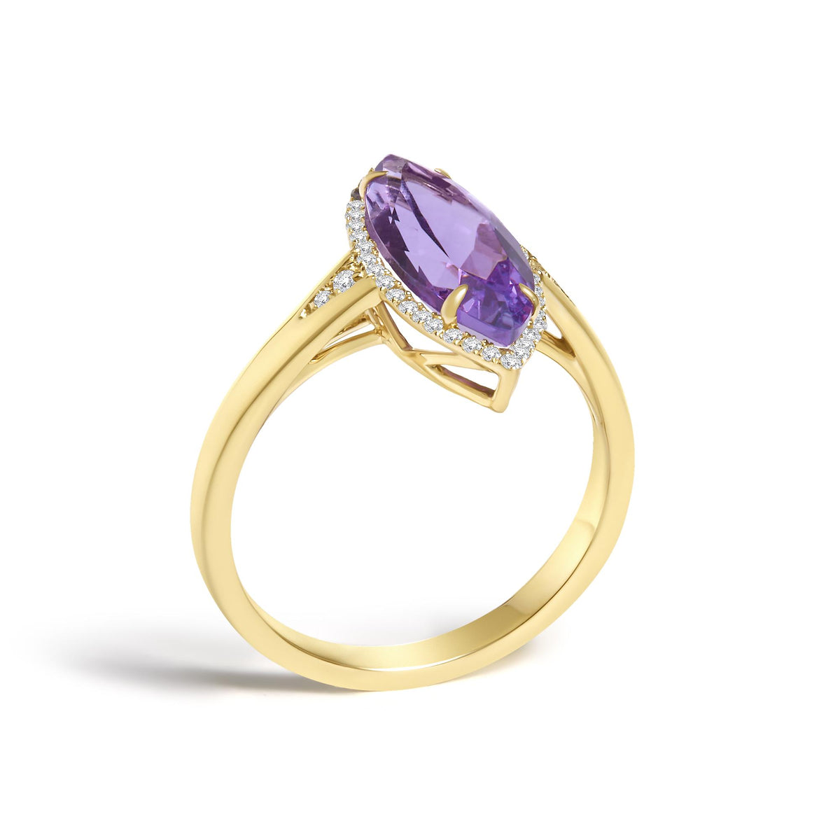 10K Yellow Gold Marquise Amethyst and 1/6 Cttw Diamond Halo Ring