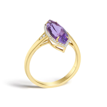 10K Yellow Gold Marquise Amethyst and 1/6 Cttw Diamond Halo Ring