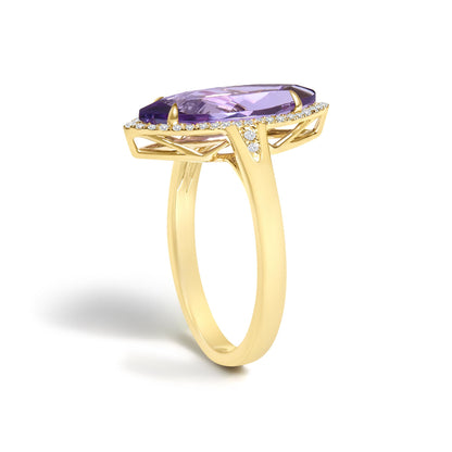 10K Yellow Gold Marquise Amethyst and 1/6 Cttw Diamond Halo Ring