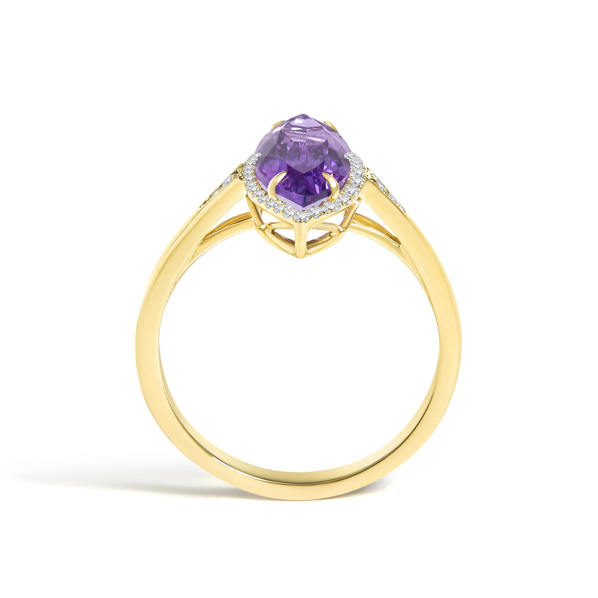 10K Yellow Gold Marquise Amethyst and 1/6 Cttw Diamond Halo Ring