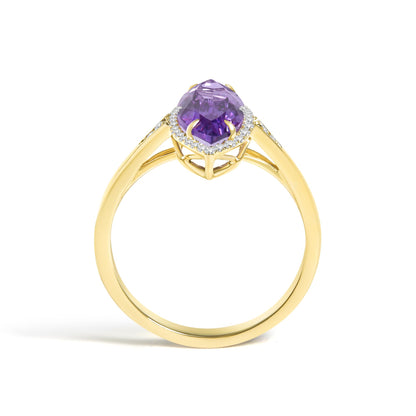 10K Yellow Gold Marquise Amethyst and 1/6 Cttw Diamond Halo Ring