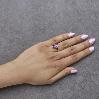 10K Yellow Gold Marquise Amethyst and 1/6 Cttw Diamond Halo Ring