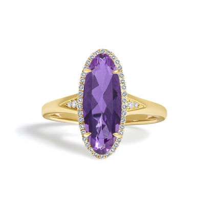 10K Yellow Gold Purple Oval Amethyst and 1/6 Cttw Diamond Halo Cocktail Ring