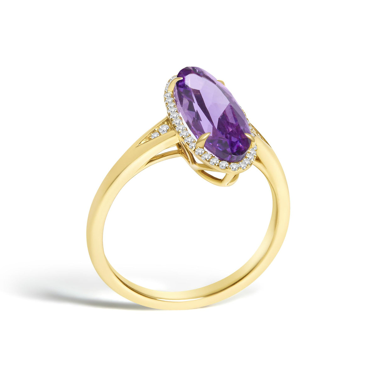 10K Yellow Gold Purple Oval Amethyst and 1/6 Cttw Diamond Halo Cocktail Ring