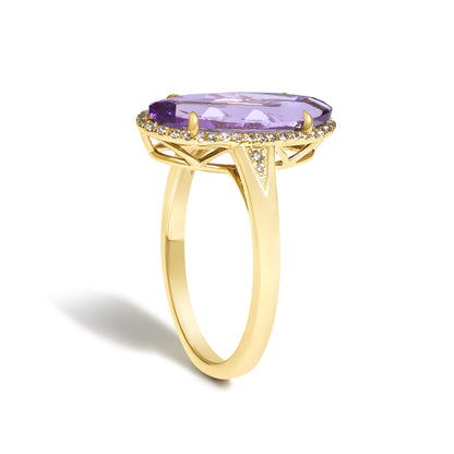 10K Yellow Gold Purple Oval Amethyst and 1/6 Cttw Diamond Halo Cocktail Ring
