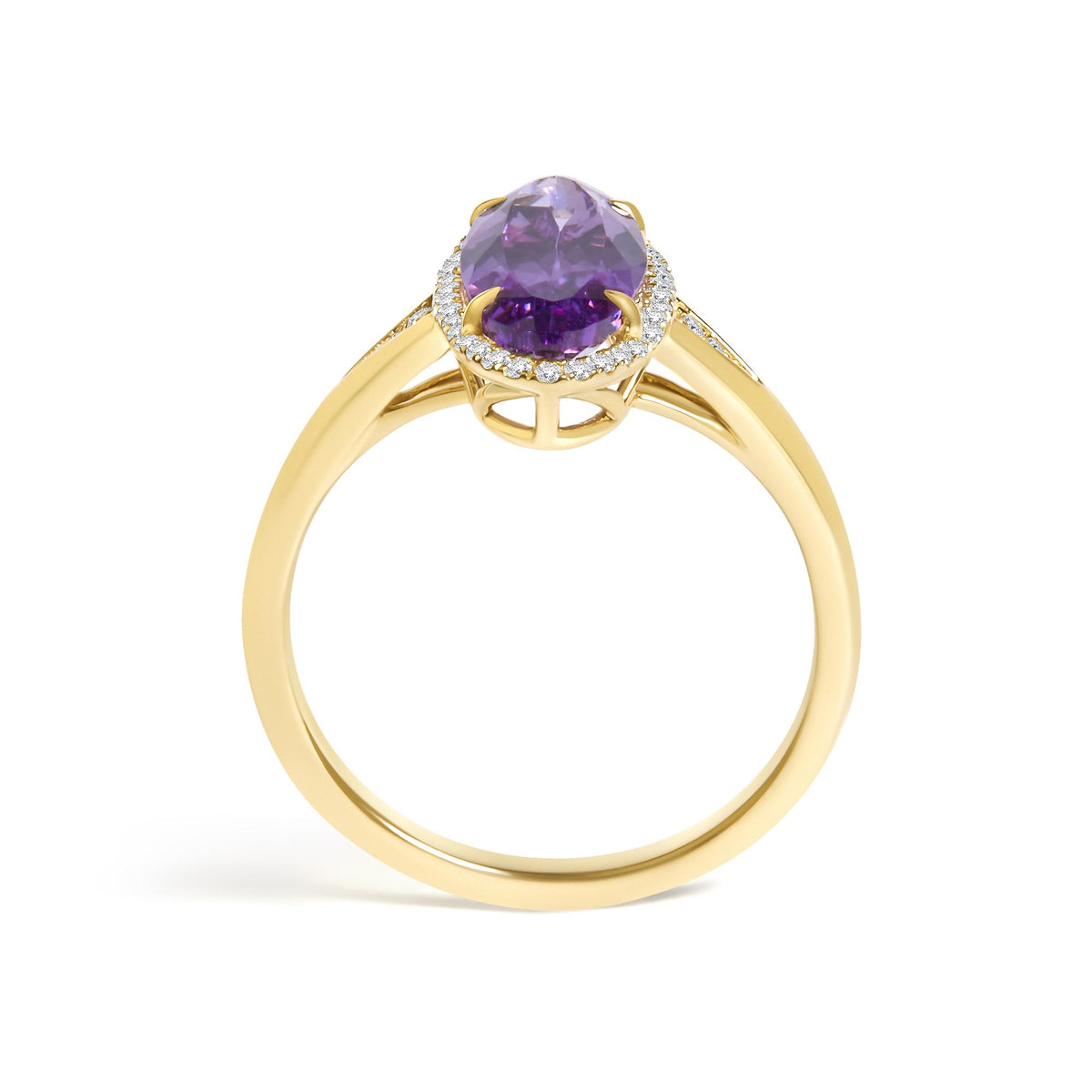 10K Yellow Gold Purple Oval Amethyst and 1/6 Cttw Diamond Halo Cocktail Ring