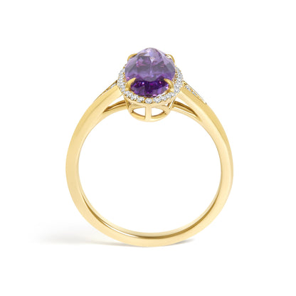10K Yellow Gold Purple Oval Amethyst and 1/6 Cttw Diamond Halo Cocktail Ring