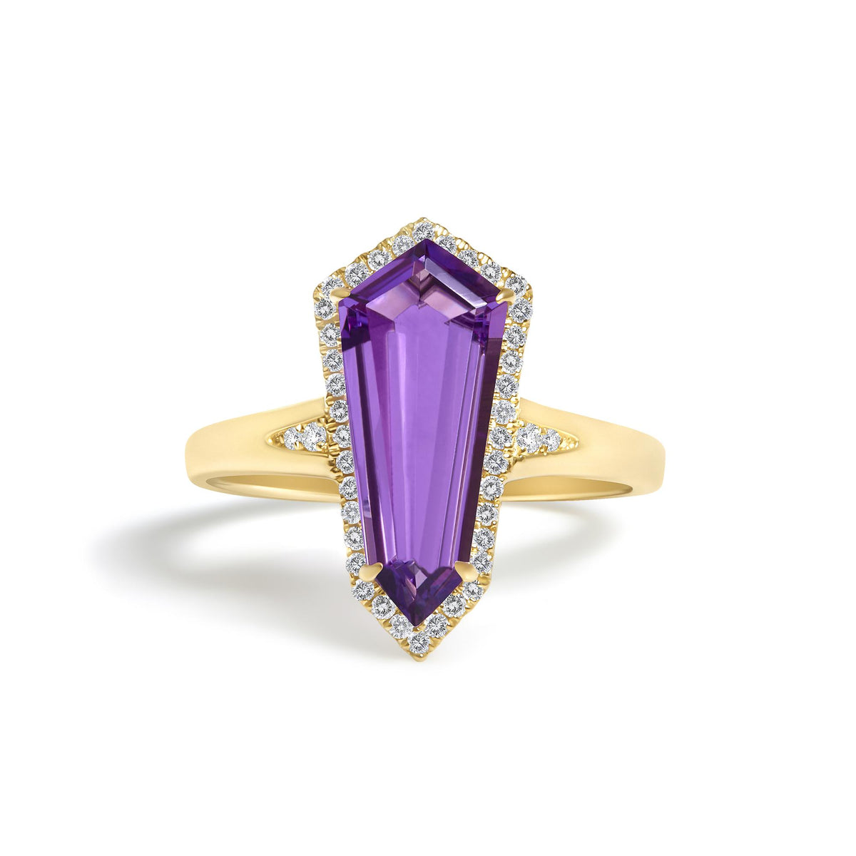 10K Yellow Gold Amethyst Shield and 1/6 Cttw Diamond Cocktail Ring