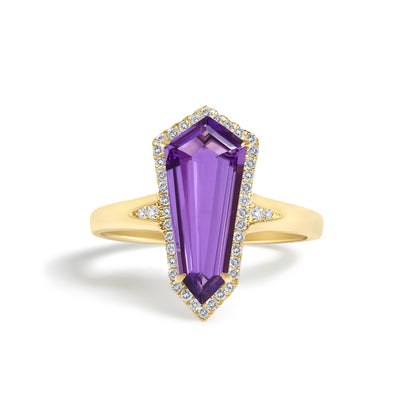 10K Yellow Gold Amethyst Shield and 1/6 Cttw Diamond Cocktail Ring