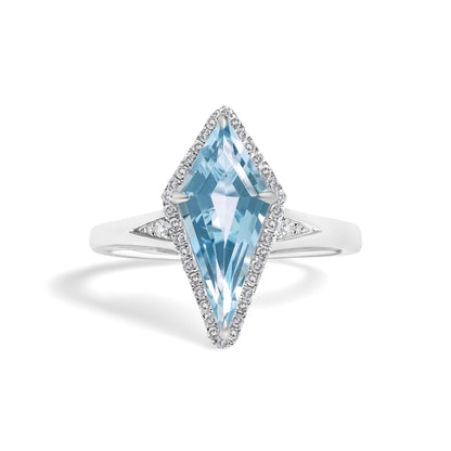 10K White Gold Blue Topaz Kite Cut and 1/6 Cttw Diamond Cocktail Ring