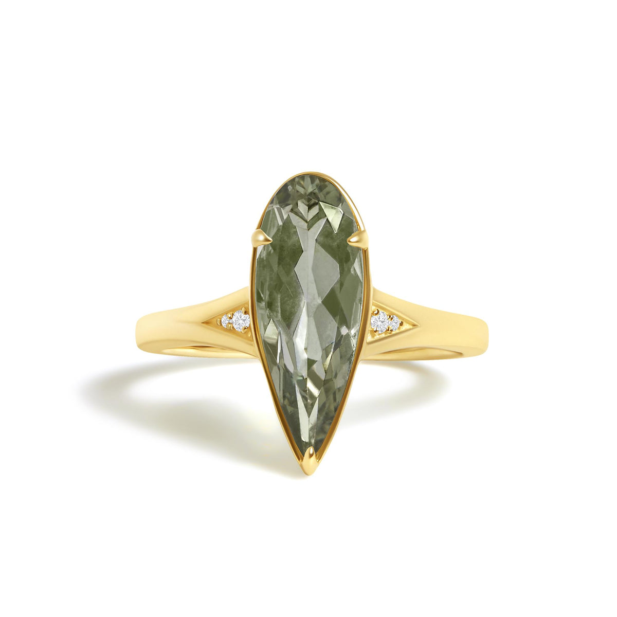 10K Yellow Gold Pear Green Amethyst and Diamond Accent Cocktail Ring