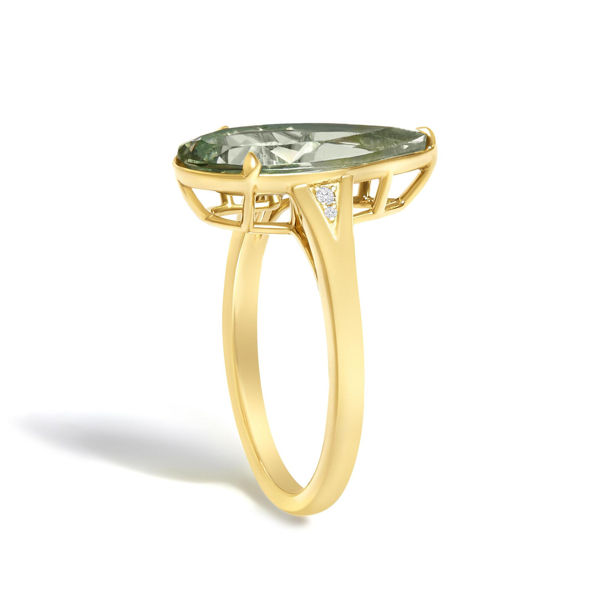10K Yellow Gold Pear Green Amethyst and Diamond Accent Cocktail Ring