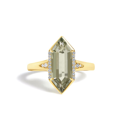 10K Yellow Gold Green Amethyst Hexagon Shaped and Diamond Accent Ring