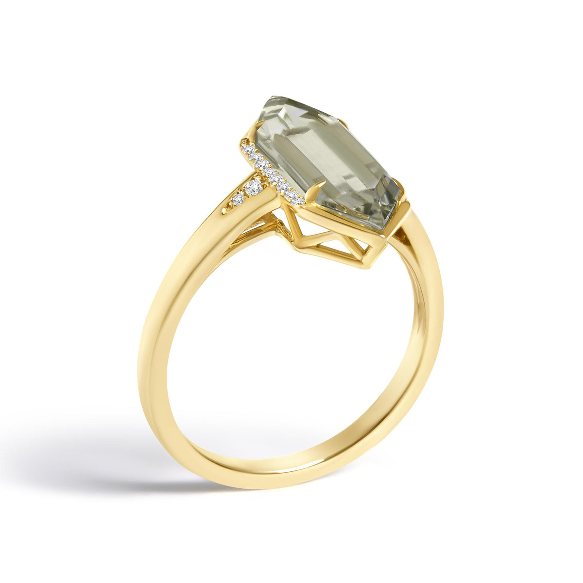 10K Yellow Gold Green Amethyst Hexagon Shaped and Diamond Accent Ring