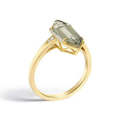 10K Yellow Gold Green Amethyst Hexagon Shaped and Diamond Accent Ring