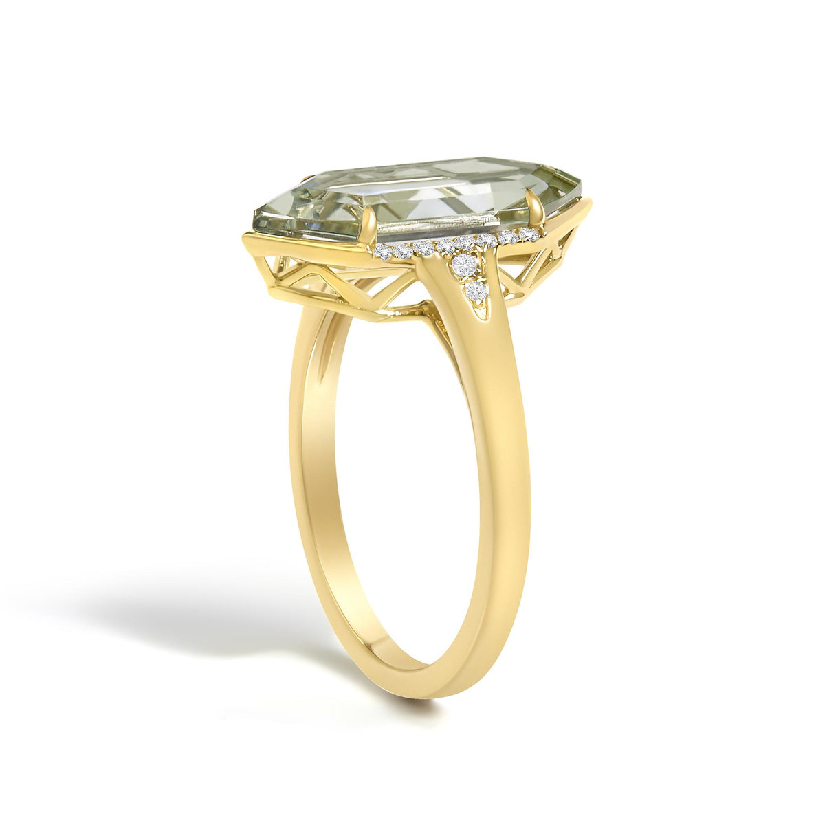 10K Yellow Gold Green Amethyst Hexagon Shaped and Diamond Accent Ring