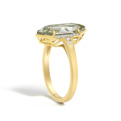 10K Yellow Gold Green Amethyst Hexagon Shaped and Diamond Accent Ring